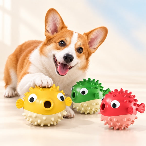 Interactive Treat-Dispensing Pufferfish Dog Toy with Sound